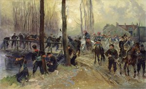 Zasadzka w pobliżu mostu bronionego przez wojska, wczesny poranek, 1870 autorstwa Jean-Baptiste Edouard Detaille