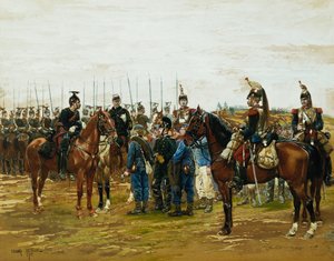 Francuscy kirasjerzy trzymają w niewoli bawarskich żołnierzy, 1875 autorstwa Jean-Baptiste Edouard Detaille