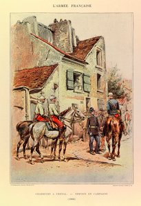 Typy i mundury francuskiego Armee kapitana Julesa Richarda, zilustrowane przez Edouarda Detaille (1848-1912): Hunters a Horseback; Służba polowa w 1886 r., kolekcja prywatna autorstwa Jean Baptiste Edouard Detaille