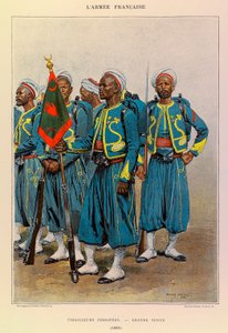 Typy i mundury francuskiego Armee kapitana Julesa Richarda, zilustrowane przez Edouarda Detaille (1848-1912): Native Tirailleurs in Great Outfit in 1886, Private Collection autorstwa Jean-Baptiste Edouard Detaille