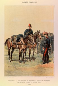 Typy i mundury francuskiego Armee kapitana Julesa Richarda, zilustrowane przez Edouarda Detaille (1848-1912): Artyleria: podoficer baterii na koniach i artylerzyści baterii pieszo w dużym stroju w 1886 r., zbiory prywatne autorstwa Jean Baptiste Edouard Detaille