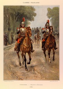 Typy i umundurowanie francuskiego Armee kapitana Julesa Richarda, zilustrowane przez Edouarda Detaille (1848-1912): Kirasjerzy: pluton eskortowy w 1885 r., zbiory prywatne autorstwa Jean-Baptiste Edouard Detaille