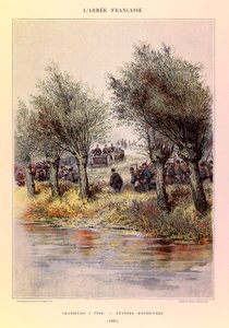 Typy i mundury francuskiego Armee kapitana Julesa Richarda, zilustrowane przez Edouarda Detaille (1848-1912): Łowcy pieszo; wielkie manewry w 1885 r., kolekcja prywatna autorstwa Jean Baptiste Edouard Detaille