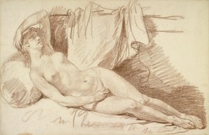 Akt kobiecy w pozycji leżącej: Studium do "Eginy odwiedzonej przez Jowisza" autorstwa Jean Baptiste Greuze