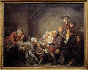 Tort Królów Rodzina dzieląca tort na uczcie Objawienia Pańskiego. Obraz Jeana Baptiste Greuze (1725-1805) 1774 Nd. 0,72x0,91 m Muzeum Montpellier Fabre autorstwa Jean Baptiste Greuze