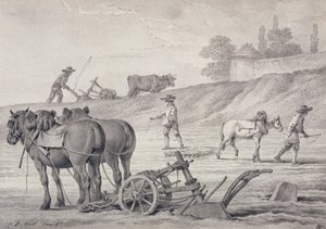 Oranie pól (pióro i atrament i pranie na papierze) autorstwa Jean Baptiste Huet