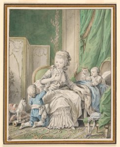 Rysunek Matka i dwoje dzieci w buduarze, prawdopodobnie 1782 r. autorstwa Jean Baptiste Huet