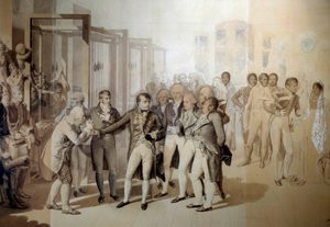 Napoleon Bonaparte (1769-1821), Pierwszy Konsul, w obecności Josephine de Beauharnais, zwiedza fabrykę aksamitu braci Sevene w Rouen, listopad 1802 Rysunek w praniu Jeana Baptiste Isabey (1767-1855) 1804 Nd. 1,24x1,76 m Wersal, mu autorstwa Jean Baptiste Isabey