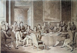 Kongres Wiedeński (1814-1815) po traktacie paryskim w 1814 r. Zjednoczył osiem mocarstw światowych i dążył do redefinicji granic po upadku Cesarstwa Napoleona I. Aleksandra I, cara Rosji; HR Stewart, Castlereagh; Franciszka Józefa I,