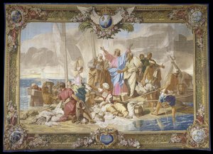„Cudowny połów” Nowy Testament wiszący w wełnie i jedwabiu Manufaktura royale des Gobelins, warsztat Jeana Lefebvre