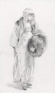 Rosjanka w futrzanej mufce par Le Prince, Jean-Baptiste (1734-1781), Między 1758 a 1761 - Czarna kreda na papierze, 22,9x13,8 - Kolekcja prywatna