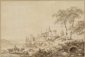 Pasterze w krajobrazie przed ufortyfikowanym miastem autorstwa Jean Baptiste Le Prince