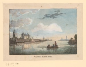 Widok na zamek Loevestein z Waal Chateau de Loevestein (tytuł na obiekcie) Podróżuj po Wielkiej Brytanii (tytuł serii) Voyage pittoresque dans le royaume des Pays Bas (...) (tytuł serii) autorstwa Jean Baptiste Madou (possibly)