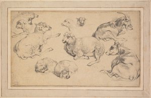 Arkusz studiów z owcami, kozami i psami, c. 1780. autorstwa Jean Baptiste Marie Huet