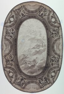 Rysunek, projekt malowanej dekoracji sufitu sali (malowany owalny sufit), 1761 r. autorstwa Jean Baptiste Marie Pierre