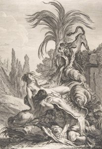Przestraszona najada Rozczochrana najada cofa się ze strachu na widok lwa, ca. 1740 r., autorstwa Jean Baptiste Marie Pierre
