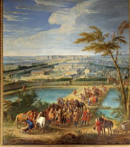 Widok na miasto i zamek wersalski ze wzgórza montbauron, Ludwik XIV (1638-1715) i Francois Michel le Tellier, markiz de Louvois odwiedzają nowe zbiorniki wodne Obraz Jean-Baptiste Martina (Starszego) (1659-1735) ) XVII w. niedz. 2, autorstwa Jean Baptiste Martin
