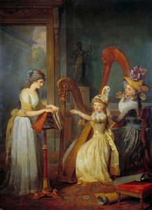 Stephanie Felicite Ducrest de Saint-Aubin, hrabina Genlis (zwana Madame de Genlis) (1746-1830) daje wykład na harfie dzieciom księcia Orleanu na zamku Saint Leu Malarstwo Jean Baptiste Mauzaisse (1784-1844) XIX w. niedz. 2,4