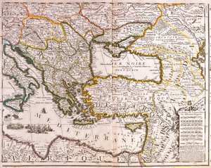 Mapa krajów wschodniego regionu Morza Śródziemnego i Morza Czarnego, Turcji i prowincji Azji Mniejszej (akwaforta)
