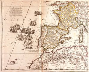 Mapa krajów zachodniego basenu Morza Śródziemnego: Francja, Hiszpania, Portugalia i Afryka Północna (Maroko, Algieria, Tunezja) z Balearami, Korsyką i Sardynią (akwaforta