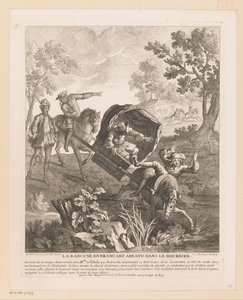 Nosidło z końmi wpada do wody La Rancune en brancart abbatu dans le bourbier (tytuł na obiekcie) Sceny z Roman Comique Scarrona (tytuł serii) autorstwa Jean Baptiste Oudry
