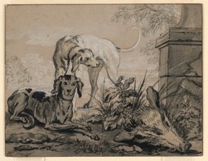 Rysunek Po polowaniu: Dwa psy gończe obok głowy dzika, 1740 r. autorstwa Jean Baptiste Oudry