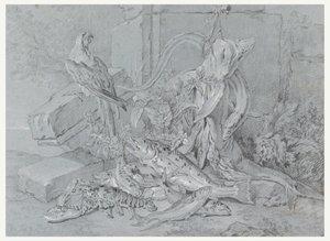 Rysunek, martwa natura z rybą i papugą, 1740 autorstwa Jean Baptiste Oudry