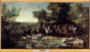 Król Ludwik XV polujący na jelenie w lesie Saint Germain w 1730 r. Obraz Jean Baptiste Oudry (1686-1755) 1730 Tuluza, Musee des Augustins autorstwa Jean Baptiste Oudry