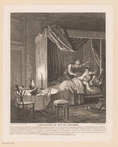 Człowiek jest zaskoczony, gdy opróżnia się nad niego nocnik Lavanture du pot de chambre (tytuł na przedmiocie) Sceny z Roman Comique Scarrona (tytuł serii) autorstwa Jean Baptiste Oudry