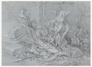 Martwa natura z rybą i papugą autorstwa Jean Baptiste Oudry