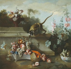 Martwa natura z małpą, owocami i kwiatami, 1724 autorstwa Jean Baptiste Oudry