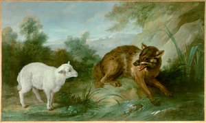 Wilk i baranek. Ilustracja bajki Jeana de La Fontaine (1621-1695). Obraz Jeana Baptiste Oudry