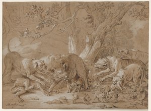 Dzika maciora i jej młode zaatakowane przez psy, 1748. autorstwa Jean Baptiste Oudry