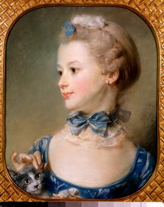 Portret dziewczynki z kotem - Młoda dama ma wstążkę i lekki welon wokół szyi zawiązany węzłem i pieści głowę kota opuszkami palców - Pastelowy obraz Jean-Baptiste Perroneau (Jean Baptiste Perronneau) (1715 -1783) XVIII wiek