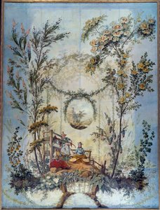 Chinoiserie: Dekoracyjny panel przedstawiający chińską scenę, wyreżyserowany przez Jeana Pillementa (1728-1808)