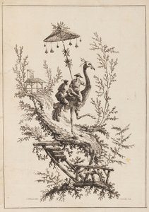 Strusie Rirders, talerz z zestawu przedstawień Chinoiserie autorstwa Jean Baptiste Pillement