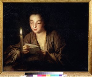 Dziewczyna ze świecą. Obraz Jeana Baptiste Santerre (1658-1717). Olej na płótnie, 64 x 79 cm, ok. 1700 r. Sztuka francuska XVIII wieku. Muzeum Sztuk Pięknych im. Puszkina w Moskwie.