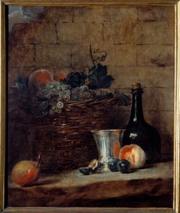 Kosz białych i czarnych winogron, srebrny puchar i butelka Obraz Jean Baptiste Simeon Chardin (1699-1779) XVIII w. Słońce. 0,69x0,58m² autorstwa Jean Baptiste Simeon Chardin