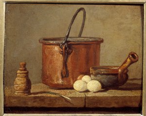 Przybory kuchenne, kociołek, poelon i jajka Obraz Jeana Baptiste Simeona Chardina (1699-1779) XVIII w. Słońce. 0,21 x 0,17 m autorstwa Jean Baptiste Simeon Chardin