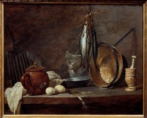 Menu chudego i przyborów kuchennych. Martwa natura. Obraz Jeana Baptiste Simeona Chardina (1699-1779) autorstwa Jean Baptiste Simeon Chardin