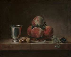 Martwa natura z brzoskwiniami, srebrnym kielichem, winogronami i orzechami włoskimi, ok. 1759-60 (olej na płótnie)