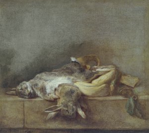 Martwa natura z królikami, torbą na grę i prochowym rogiem, ok. 1755 r. autorstwa Jean Baptiste Simeon Chardin