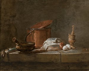 Pory, zapiekanka ze ściereczką, miedziany garnek i pokrywka, cebula i jajka z tłuczkiem i moździerzem, na kamiennej półce autorstwa Jean-Baptiste Simeon Chardin