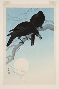 Crows in Moonlight (kolorowy drzeworyt) autorstwa Jean Baptiste Thonesse