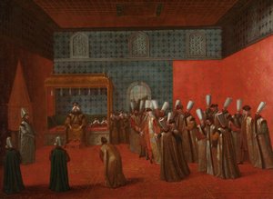 Ambasador Cornelis Calkoen na audiencji u sułtana Ahmeda III Ambasador Cornelis Calkoen na audiencji u sułtana Ahmeda III, 14 września 1727 r. autorstwa Jean Baptiste Vanmour