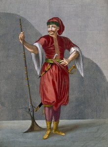 Żołnierz albański, tablica 78 z „Kolekcja stu druków reprezentujących różne narody Lewantu” Charlesa de Ferriola, sztych. Gerard Scotin (1671-1716), 1707-08 (kolor e autorstwa Jean Baptiste Vanmour