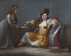 „Sultana pije kawę” (Sultana pije kawę) Obraz ze szkoły Jean Baptiste (Jean-Baptiste) Vanmour (Van Mour) (1671-1737) Kolekcja prywatna autorstwa Jean Baptiste Vanmour
