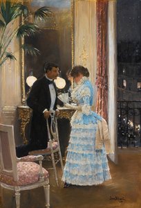 Rozmowa par Beraud, Jean (1849-1936). Olej na płótnie, format : 55,9x39,3, , Kolekcja prywatna autorstwa Jean Beraud