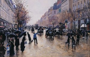 Boulevard Poissonière w deszczu, ok. 1880 (olej na płótnie) autorstwa Jean Beraud