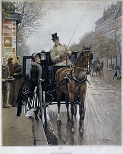 Elegancka kobieta w powozie w Paryżu: „Powracamy” - ilustracja Jean BERAUD (1849 - 1935), koniec XIX wieku. autorstwa Jean Beraud